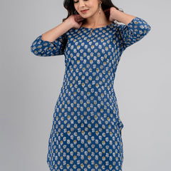 Women Printed Blue Straight Fit Short Kurti