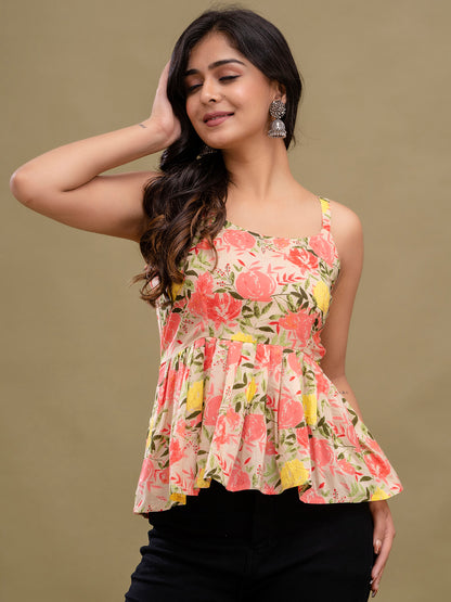 Floral Print Cotton Peplum Top