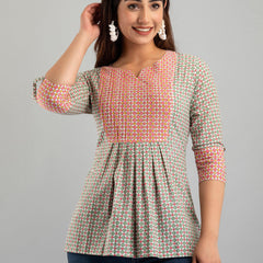 WOMEN GREEN COTTON PRINTED A-LINE KURTI