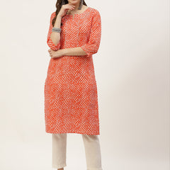 WOMEN ORANGE LEHERIYA YOKE DESIGN COTTON KURTI