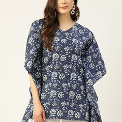 WOMEN BLUE COTTON PRINTED KAFTAN