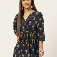WOMEN BLUE & BROWN COLLARED PRINTED FLARED KURTI