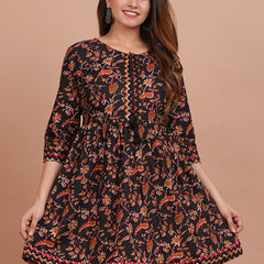 Cotton Printed Black Floral Dress