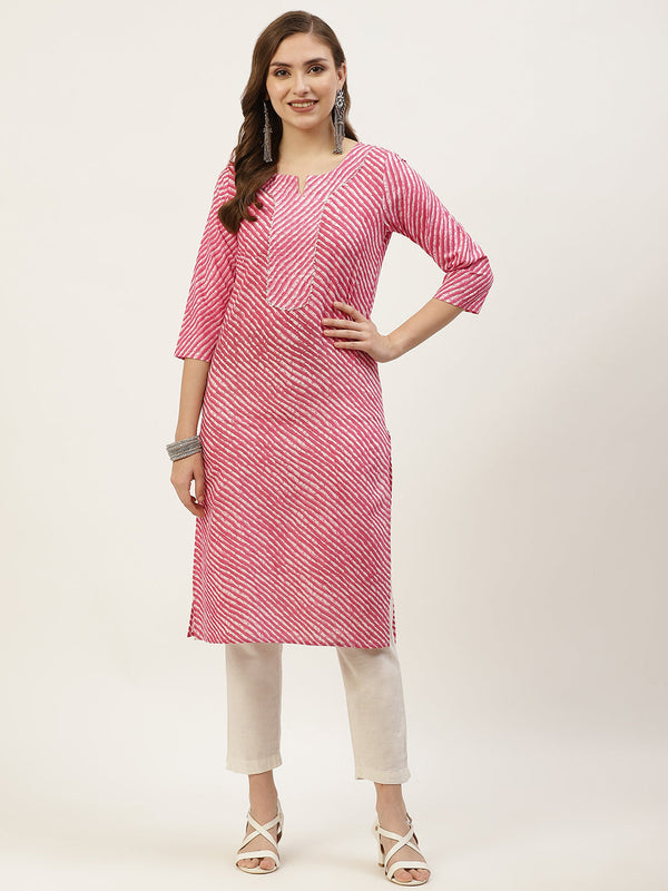 WOMEN PINK LEHERIYA YOKE DESIGN COTTON KURTI