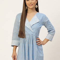 WOMEN LIGHT BLUE COLLARED PRINTED FLARED KURTI