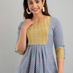 WOMEN BLUE COTTON PRINTED A-LINE KURTI