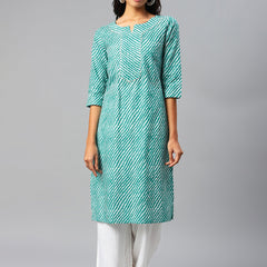 WOMEN GREEN LEHERIYA YOKE DESIGN COTTON KURTI