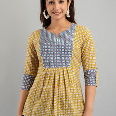 WOMEN YELLOW COTTON PRINTED A-LINE KURTI