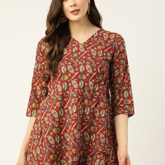 COTTON PRINTED MAROON SHORT TUNIC