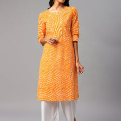 WOMEN YELLOW LEHERIYA YOKE DESIGN COTTON KURTI