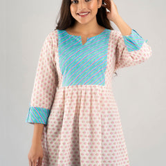 WOMEN WHITE & PINK  COTTON PRINTED A-LINE KURTI
