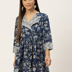 WOMEN BLUE & WHITE COLLARED PRINTED FLARED KURTI