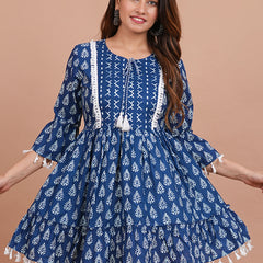 Cotton Printed Navy Blue Ethnic Motifs Dress