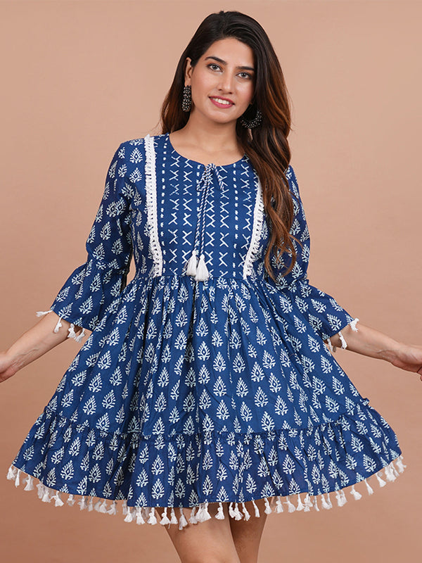 Cotton Printed Navy Blue Ethnic Motifs Dress