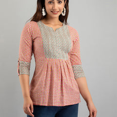 WOMEN PINK COTTON PRINTED A-LINE KURTI