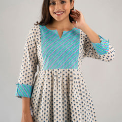 WOMEN WHITE & BLUE COTTON PRINTED A-LINE KURTI