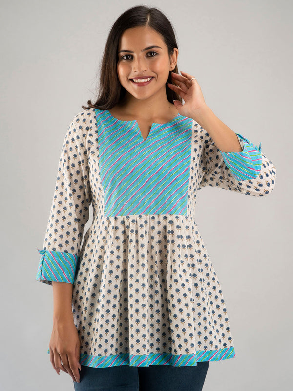 WOMEN WHITE & BLUE COTTON PRINTED A-LINE KURTI