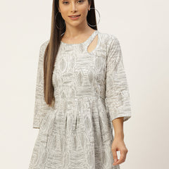 WOMEN FLARED DESIGNER BEIGE SHORT KURTI