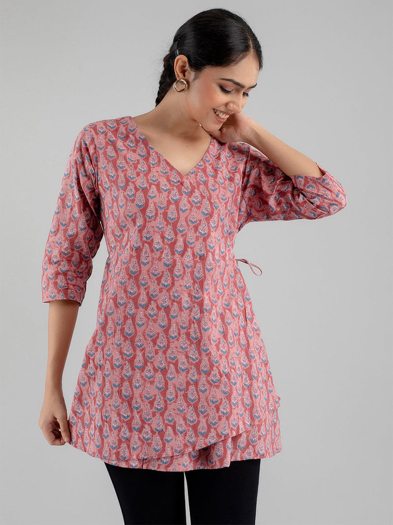 Floral Printed V-Neck Pure Cotton Angrakha A-Line Kurti