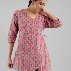Floral Printed V-Neck Pure Cotton Angrakha A-Line Kurti
