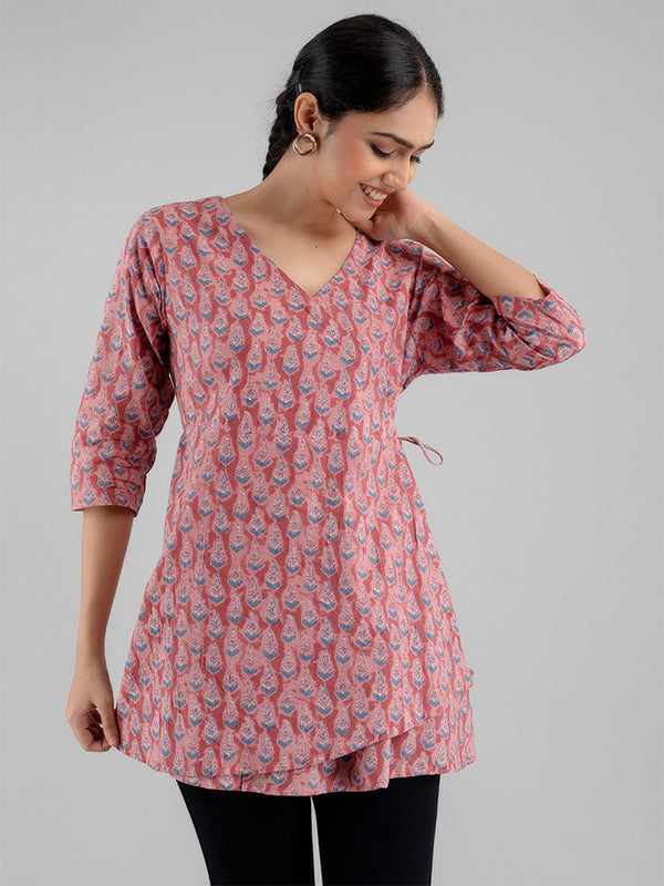 Floral Printed V-Neck Pure Cotton Angrakha A-Line Kurti