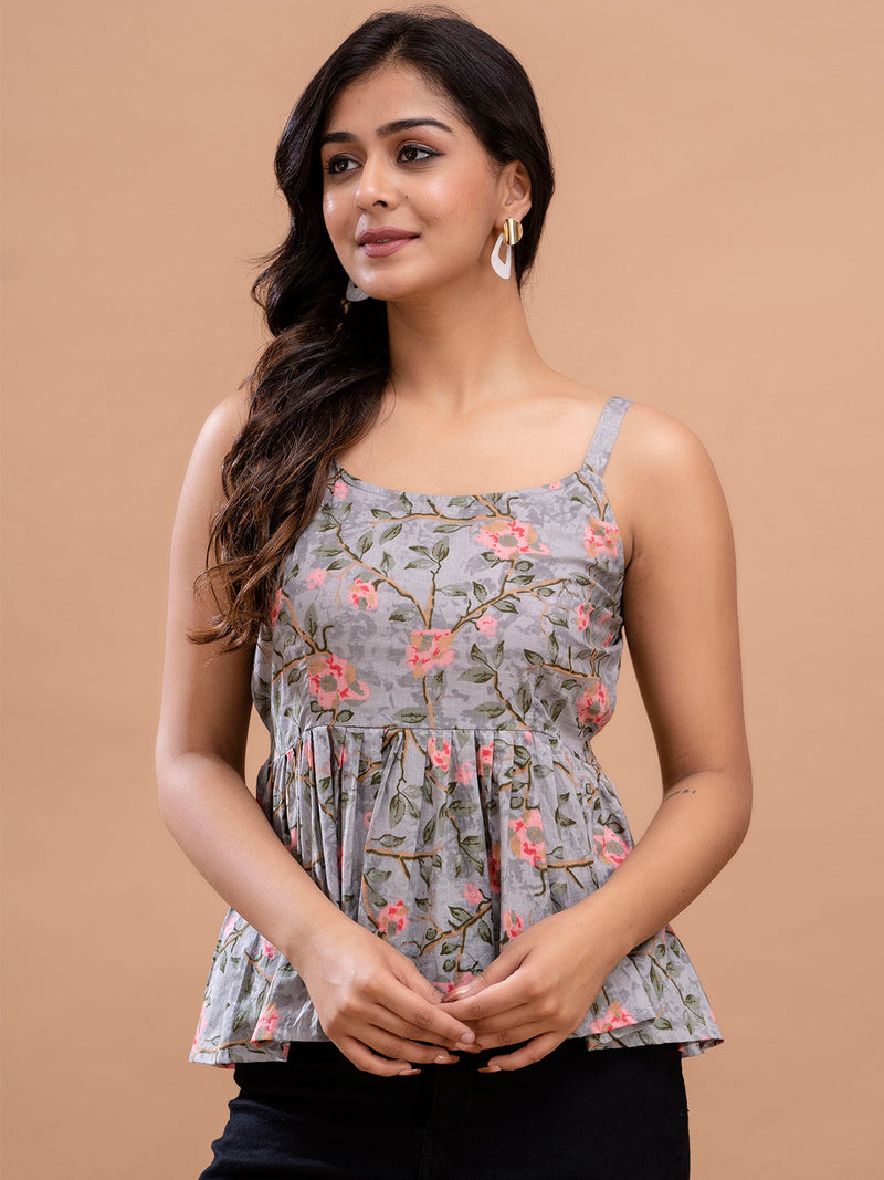 Floral Print Cotton Peplum Top