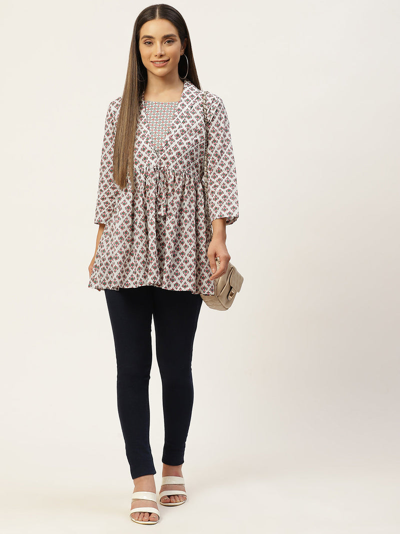 Women White Collared Printed Flared Kurti