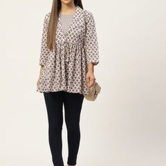 Women White Collared Printed Flared Kurti