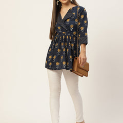 Women Blue & White Collared Printed Flared Kurti