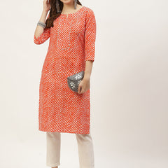 Women Orange Leheriya Yoke Design Cotton Kurti