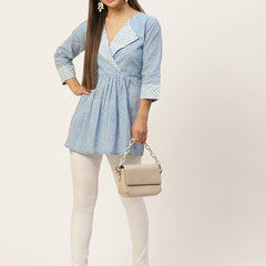 Women Light Blue Collared Printed Flared Kurti