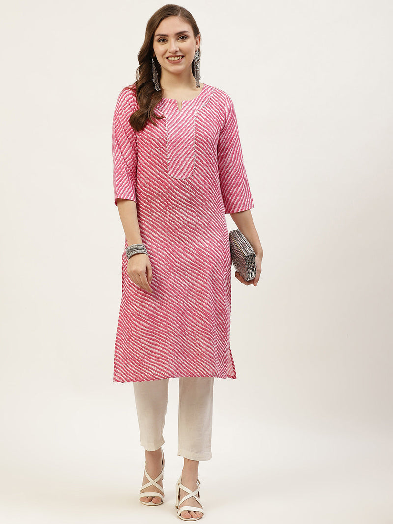 Women Pink Leheriya Yoke Design Cotton Kurti