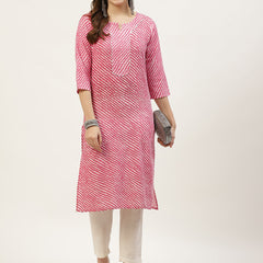 Women Pink Leheriya Yoke Design Cotton Kurti
