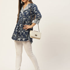 Women Blue & White Collared Printed Flared Kurti