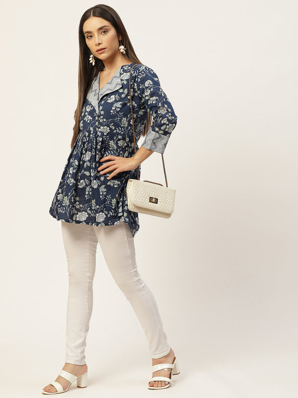 Women Blue & White Collared Printed Flared Kurti