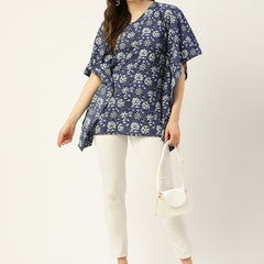Women Blue Cotton Printed Kaftan