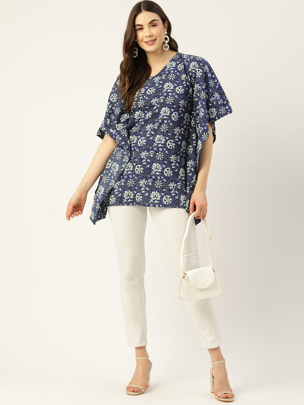 Women Blue Cotton Printed Kaftan