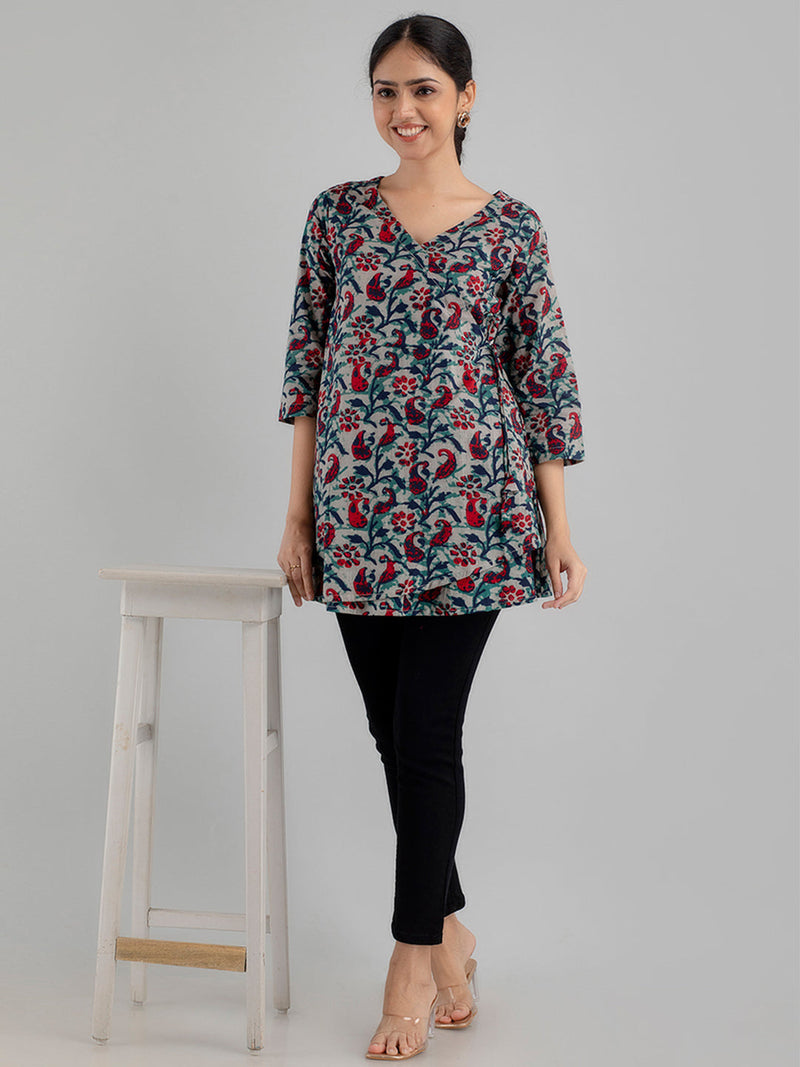 Floral Printed V-Neck Pure Cotton Angrakha A-Line Kurti