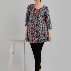 Floral Printed V-Neck Pure Cotton Angrakha A-Line Kurti