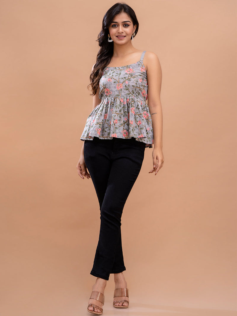 Floral Print Cotton Peplum Top