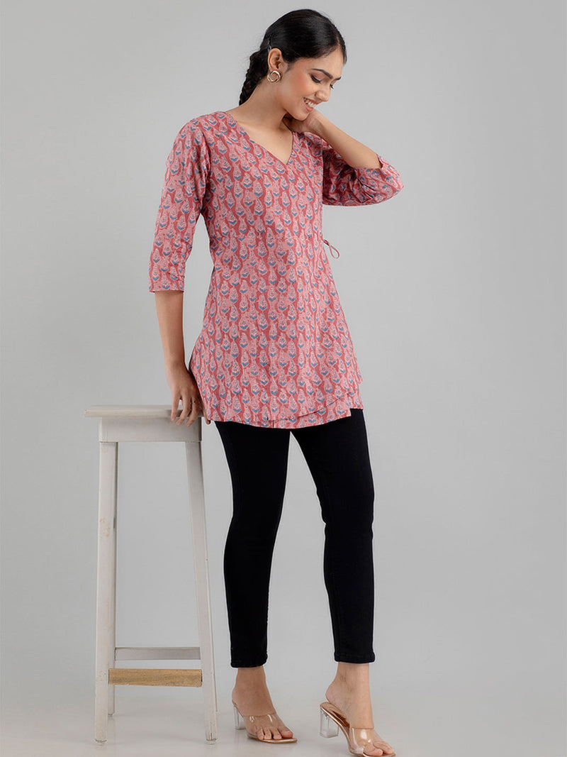 Floral Printed V-Neck Pure Cotton Angrakha A-Line Kurti