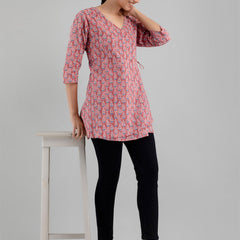Floral Printed V-Neck Pure Cotton Angrakha A-Line Kurti