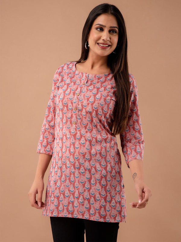 Women Mauve Cotton Printed Short Kurti