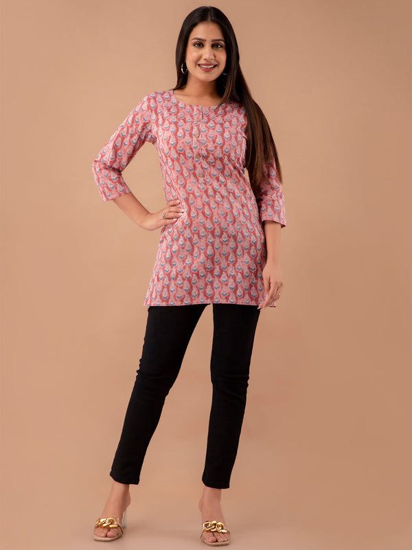 Women Mauve Cotton Printed Short Kurti