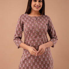 Women Brown Cotton Printed Short Kurti