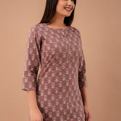 Women Brown Cotton Printed Short Kurti