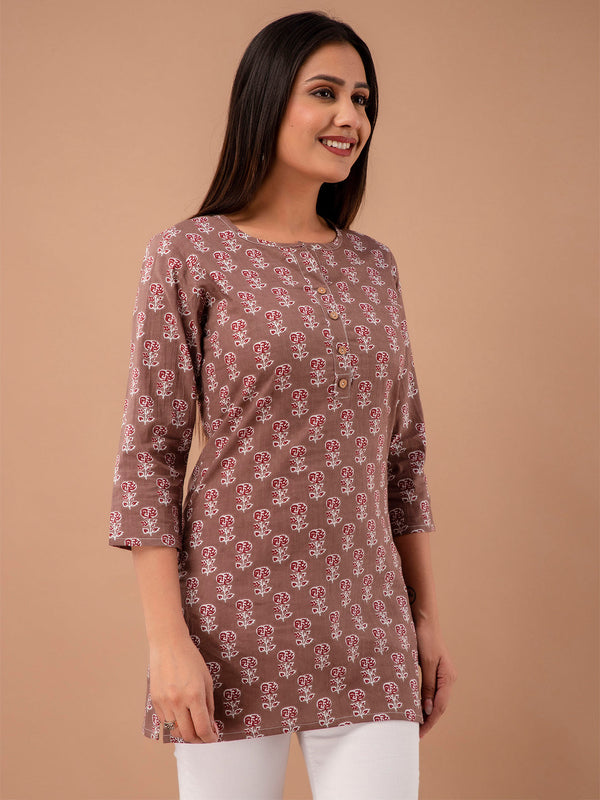 Women Brown Cotton Printed Short Kurti