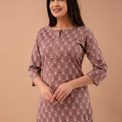 Women Brown Cotton Printed Short Kurti