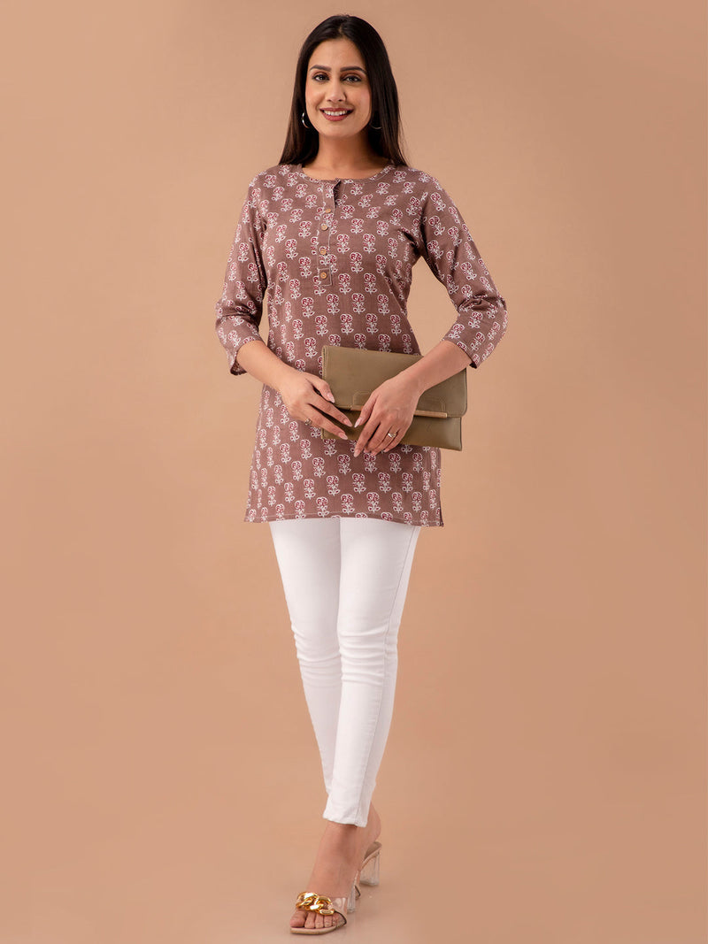 Women Brown Cotton Printed Short Kurti