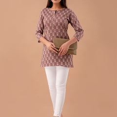 Women Brown Cotton Printed Short Kurti